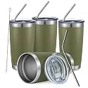 COMOOO 20oz Tumbler Bulk Double Wall Vacuum Insulated Travel Mug, Stainless Steel Tumbler with Lid and Straw Durable Powder Coated Insulated Coffee Cup for Cold &amp; Hot Drinks (Army Green, 4 Pack