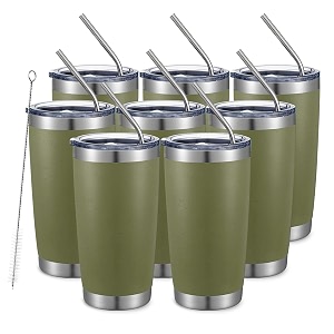 comooo 20oz tumbler 8 pack double wall vacuum insulated travel mug stainless steel tumbler with lid and straw durable powder coated insulated coffee cup for cold amp hot drinksarmy green 8 pack