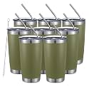 COMOOO 20oz Tumbler 8 Pack Double Wall Vacuum Insulated Travel Mug, Stainless Steel Tumbler with Lid and Straw Durable Powder Coated Insulated Coffee Cup for Cold &amp; Hot Drinks,army green, 8 pack