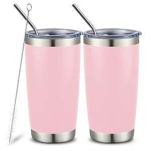 comooo 20oz tumbler bulk double wall vacuum insulated travel mug stainless steel tumbler with lid and straw durable powder coated insulated coffee cup for cold amp hot drinks pink 2 pack