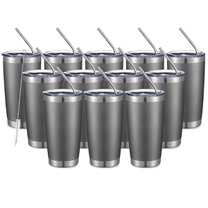 comooo 20oz double wall vacuum insulated travel mug stainless steel tumbler with lid durable powder coated insulated coffee cup for cold amp hot drinks cold grey12 pack
