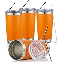 COMOOO 20oz Tumbler Bulk Double Wall Vacuum Insulated Travel Mug, Stainless Steel Tumbler with Lid and Straw Durable Powder Coated Insulated Coffee Cup for Cold &amp; Hot Drinks (Orange, 4 pack）