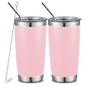 COMOOO 20oz Tumbler Bulk Double Wall Vacuum Insulated Travel Mug, Stainless Steel Tumbler with Lid and Straw Durable Powder Coated Insulated Coffee Cup for Cold &amp; Hot Drinks (pink, 2 pack）