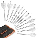 COMOWARE 13 Pcs Spade Drill Bit Set - Paddle Flat Bits Set for Woodworking, Hex Shank, Carbon Sreel, 1/4"-1-1/2", Portable Nylon Storage Holder
