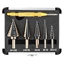 COMOWARE Step Drill Bit Set & Automatic Center Punch- Black and Gold, Double Cutting Blades, High Speed Steel, Short Length Drill Bits Set of 5 pcs, Total 50 Sizes with Aluminum Case