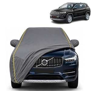 compass 100 waterproof car cover  dustproof sun protection cover  soft cotton lining  triple stitched  mirror pocket  antenna pocket  all weather body cover grey with yellow piping