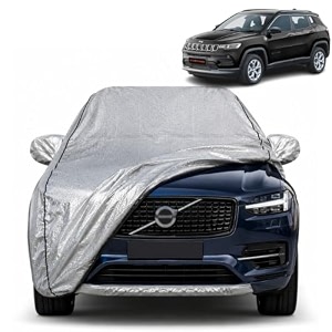 compass 100 waterproof car cover  dustproof sun protection cover  soft cotton lining  triple stitched  mirror pocket  antenna pocket  all weather body cover silver with yellow piping