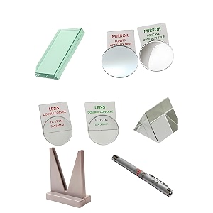 complete optics experiment kit  convex amp concave mirrors double convex amp concave lenses prism glass slab amp laser light for physics lab amp students