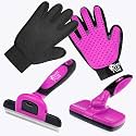 Complete Professional Pet Grooming Kit With Hair Removal Tool, Gloves, Self Cleaning Slicker Brush, and Pro Dog Deshedder Comb to Reduce Shedding (Pink)