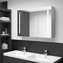 Concrete Gray MDF Bathroom Mirror Cabinet, 3 Doors, LED Lighting, 5 Compartments, Wall Mounted Storage, 35x24.4x5.5 Inch, Melamine Finish