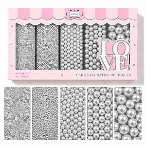 confect pearl sprinkles  assorted pack of 5 shimmering sliver disco ball christmas birthday amp celebration sprinkles  mix silver pearl dragees - no artificial dyes - 140 gms