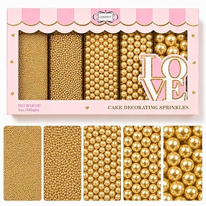 confect pearl sprinkles  gold sprinkles for christmas cakes amp cupcakes decoration  assorted pack of 5  sparkling champange disco ball sprinkle  mix gold pearl dragees- 140 gms