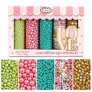 confect cool mom sprinkles mix  5 pack assorted cake amp cupcake decorations teal jimmies green dragees pink pearls sparkling gold sugar fun dessert toppings for baking parties amp gifts - 140 gms
