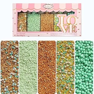 confect edible sprinkles mix pack of 5  cool summer breeze theme  yellow pearl dragees mint green amp gold jimmies sparkling gold sugar  cake amp cupcake decorating toppings - vegan gluten-free- 140 gms