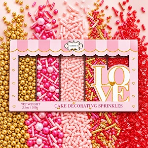 confect princess dream sprinkles  5 pack assorted cake decorating mix teal jimmies pink red gold amp white pearl dragees deep red sparkling sugar  elegant toppings for cakes cupcakes cookies - 140 gms