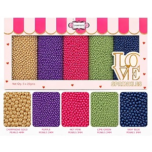 confect pearl sprinkles  pack of 5 tropical tea party disco ball sprinkles  mix golden purple neon pink lime green amp navy blue pearl dragees no artificial dyes - 140 gms