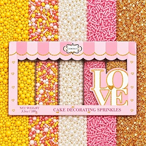 confect sprinkles  5 pack assorted cake decorating mix yellow amp pearl dragees hot pink jimmies sparkling gold sugar  celebration spring amp summer sprinkles  festive toppings for cakes cupcakes cookies birthday parties  vegan -140 gms