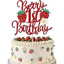Confetti! Berry 1st Birthday Cake Topper with Flower Glitter Sweet Fruit Theme First Birthday Strawberry One Cake Pick for Strawberry Theme Baby Shower Kids 1st Birthday Party Cake Decorations