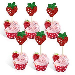 confetti strawberry cupcake topper pack of 12 baby girl berry theme birthday party cake decoration for sweet fruit theme baby shower kids birthday party supplies