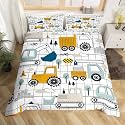 Construction Bedding Set King Size Kids Excavator Tractor Toddler Comforter Cover Set Cartoon Car Equipment Trucks Plaid Grid Duvet Cover Construction Vehicles WhiteBedspread Cover Quilt Cover