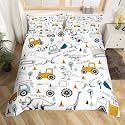 Construction Bedding Set King Size Kids Cartoon Car Excavator Tractor Toddler Comforter Cover Set Equipment Trucks Dinosaur Duvet Cover Construction Vehicles White Yellow Bedspread Cover Quilt Cover