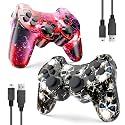 Controller for PS-3 Wireless, Gaming Remote Joystick for Play 3 with Charger Cable Cord (Red Star, Black Ghost)