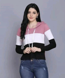 convenient women full sleeve striped hooded sweatshirt