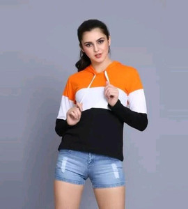 convenient women full sleeve striped hooded sweatshirt