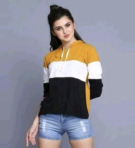 convenient women full sleeve striped hooded sweatshirt