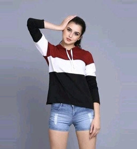 convenient women full sleeve striped hooded sweatshirt