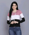 Convenient Women Full Sleeve Striped Hooded Sweatshirt