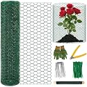 Convivium Plant Protectors from Animals, 0.8mm Free-Cut Green Chicken Wire Mesh, PVC Coated Tree Trunk Guard &amp; Garden Fence for Outdoor Plants with Zip Ties, Stakes, Pliers, Gloves（16.4Ft*16In）