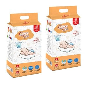 coo coo by mafatlal extra dry baby pull-up premium diaper pant size l large 88 count 9-12 kg  up to 12 hrs protection  super absorbent core  soft elastic waist  cottony soft  leak protection