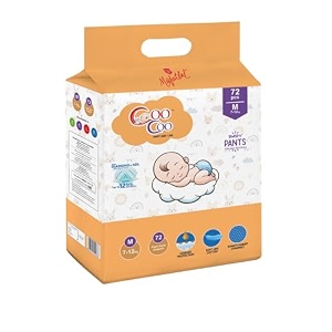 coo coo by mafatlal extra dry baby pull-up premium diaper pant size m medium 72 count 9-12 kg  up to 12 hrs protection  super absorbent core  cottony soft  leak protection