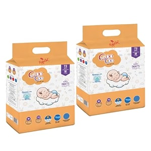 coo coo by mafatlal extra dry baby pullup premium diaper pant size medium-m 144 count upto 7-12 kg super absorbent core up to 12 hrs protection soft elastic waist amp leakage protection size white