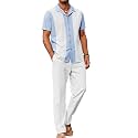 COOFANDY Men 2 Piece Linen Outfit Beach Button Down Shirt Casual Loose Pant Sets