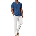 COOFANDY Men 2 Piece Linen Outfit Beach Button Down Shirt Casual Loose Pant Sets