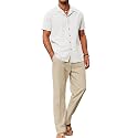COOFANDY Men 2 Piece Linen Outfit Beach Button Down Shirt Casual Loose Pant Sets