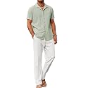 COOFANDY Men 2 Piece Linen Outfit Beach Button Down Shirt Casual Loose Pant Sets