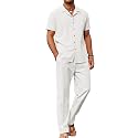 COOFANDY Men 2 Piece Linen Outfit Beach Button Down Shirt Casual Loose Pant Sets