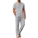 COOFANDY Men 2 Piece Linen Outfit Beach Button Down Shirt Casual Loose Pant Sets