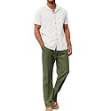 COOFANDY Men 2 Piece Linen Outfit Beach Button Down Shirt Casual Loose Pant Sets