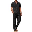COOFANDY Men 2 Piece Linen Outfit Beach Button Down Shirt Casual Loose Pant Sets