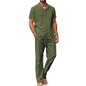 COOFANDY Men 2 Piece Linen Outfit Beach Button Down Shirt Casual Loose Pant Sets