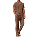 COOFANDY Men 2 Piece Linen Outfit Beach Button Down Shirt Casual Loose Pant Sets