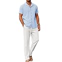COOFANDY Men 2 Piece Linen Outfit Beach Button Down Shirt Casual Loose Pant Sets
