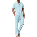 COOFANDY Men 2 Piece Linen Outfit Beach Button Down Shirt Casual Loose Pant Sets