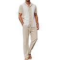 COOFANDY Men 2 Piece Linen Outfit Beach Button Down Shirt Casual Loose Pant Sets