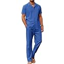 COOFANDY Men 2 Piece Linen Outfit Beach Button Down Shirt Casual Loose Pant Sets