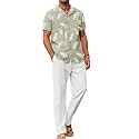COOFANDY Men 2 Piece Linen Outfit Beach Button Down Shirt Casual Loose Pant Sets